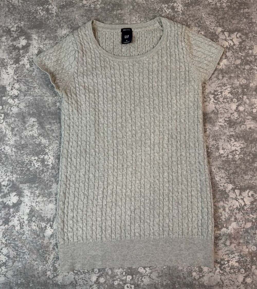 GAP Stretch Womens Cable Knit Short Sleeve Sweater Size M Light Heather Grey